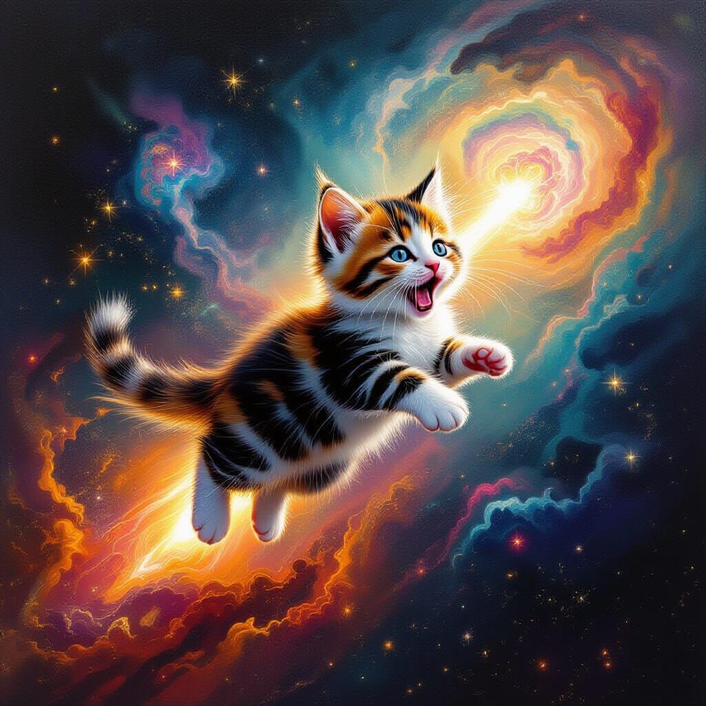 Calico Kitten Blasts Off Into Surreal Cosmic Space