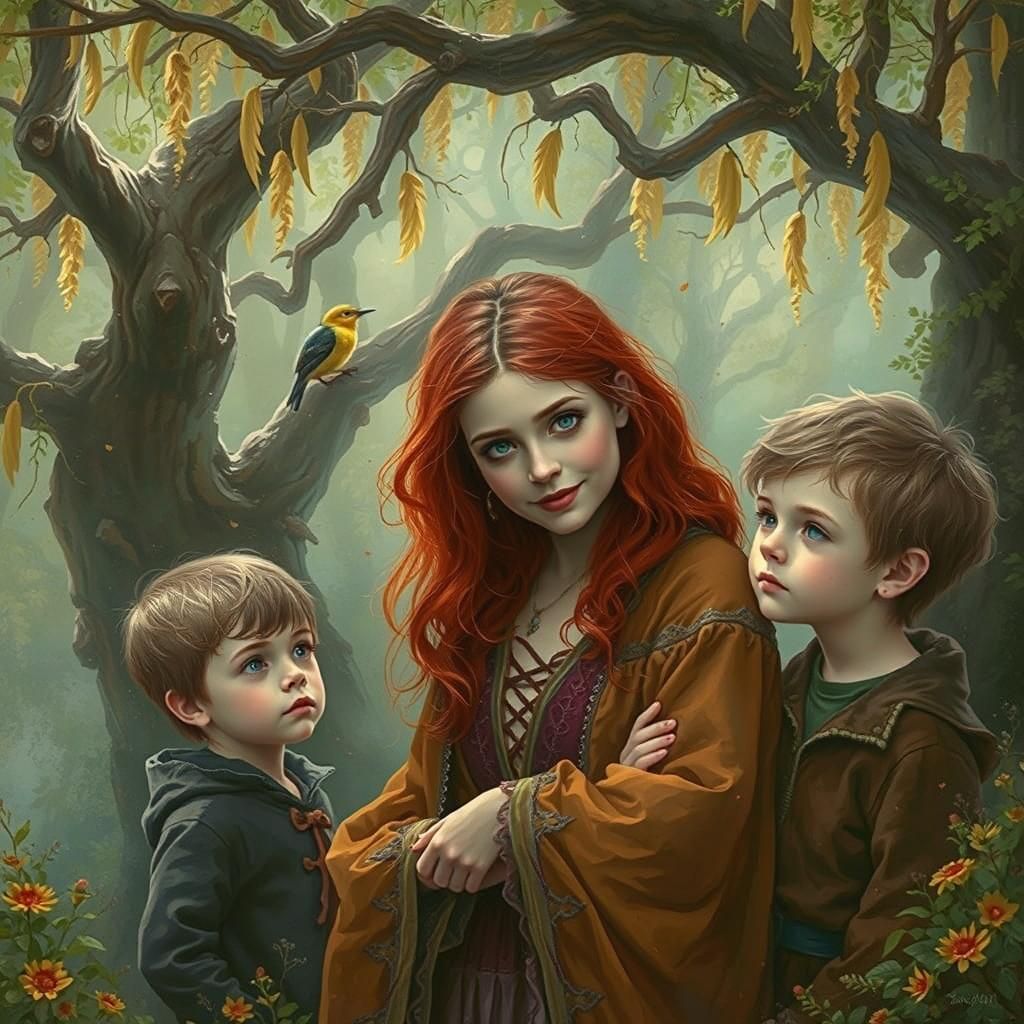Redhead Woman with Boys in Moonlit Forest