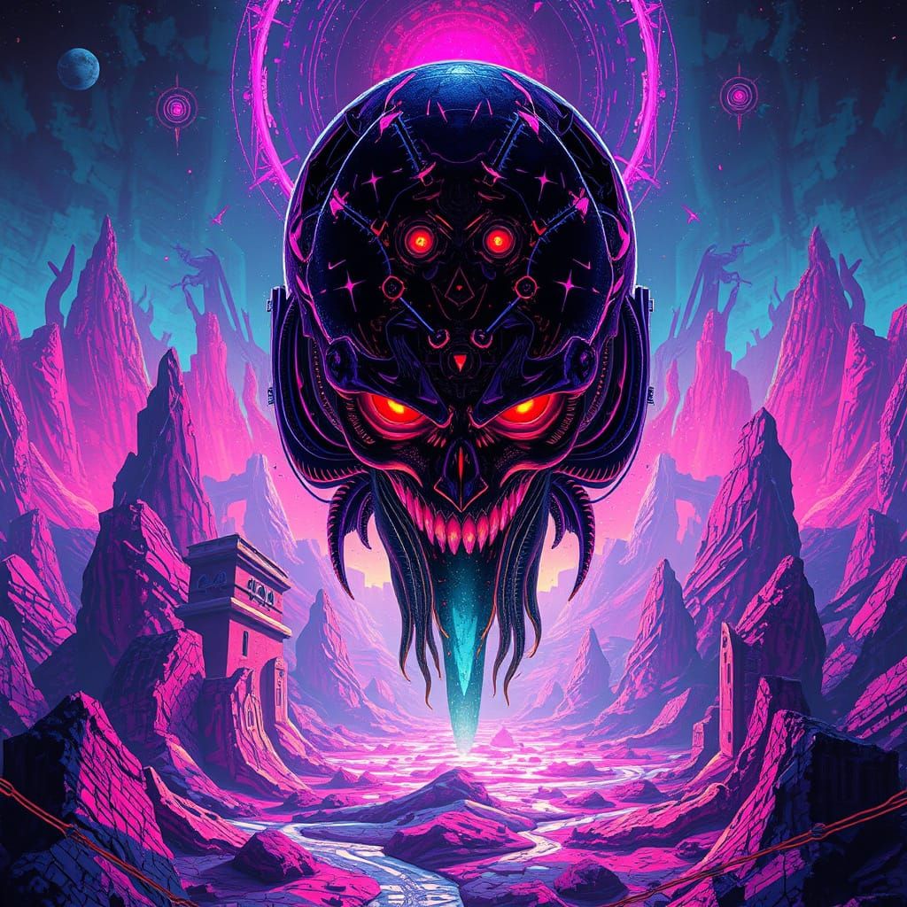 Surreal Digital Entity in Corrupted 8-Bit Landscape