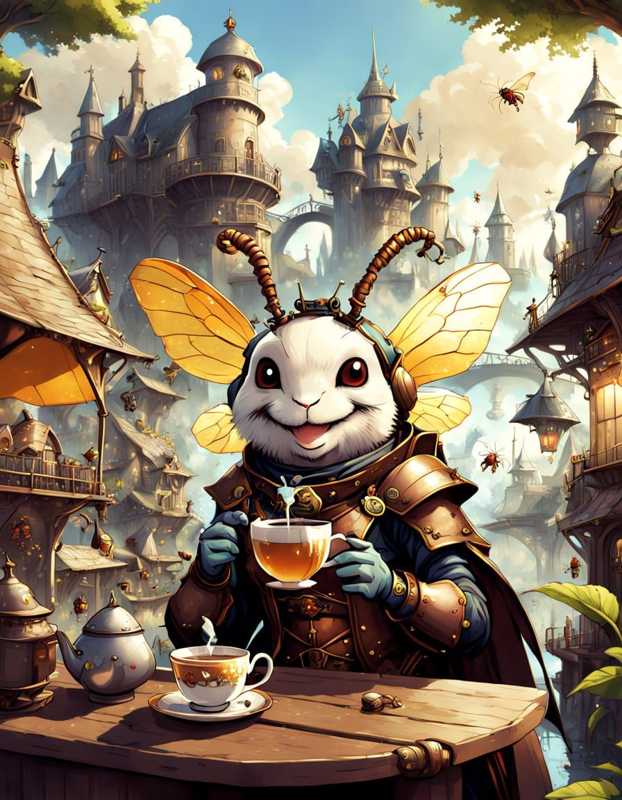 Steampunk City Scene with Anime-Style Insect