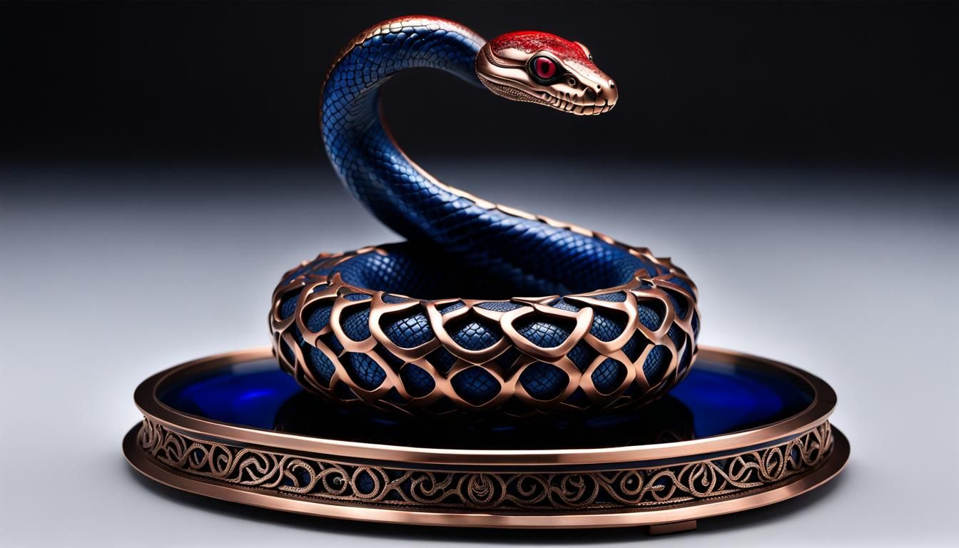 Snake-God Relic in Stark Red-Bronze and Sapphire