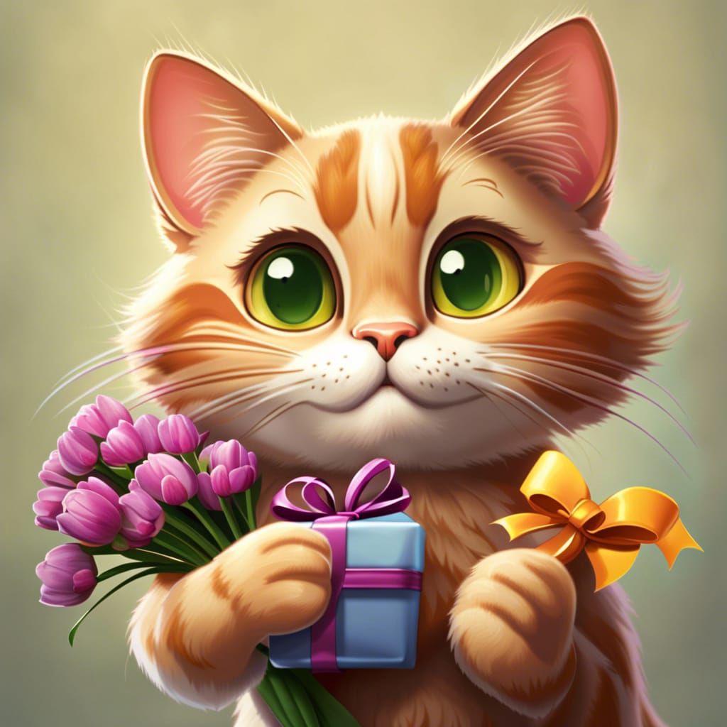 Cartoon Cat Celebrates Birthday with Flowers and Gift