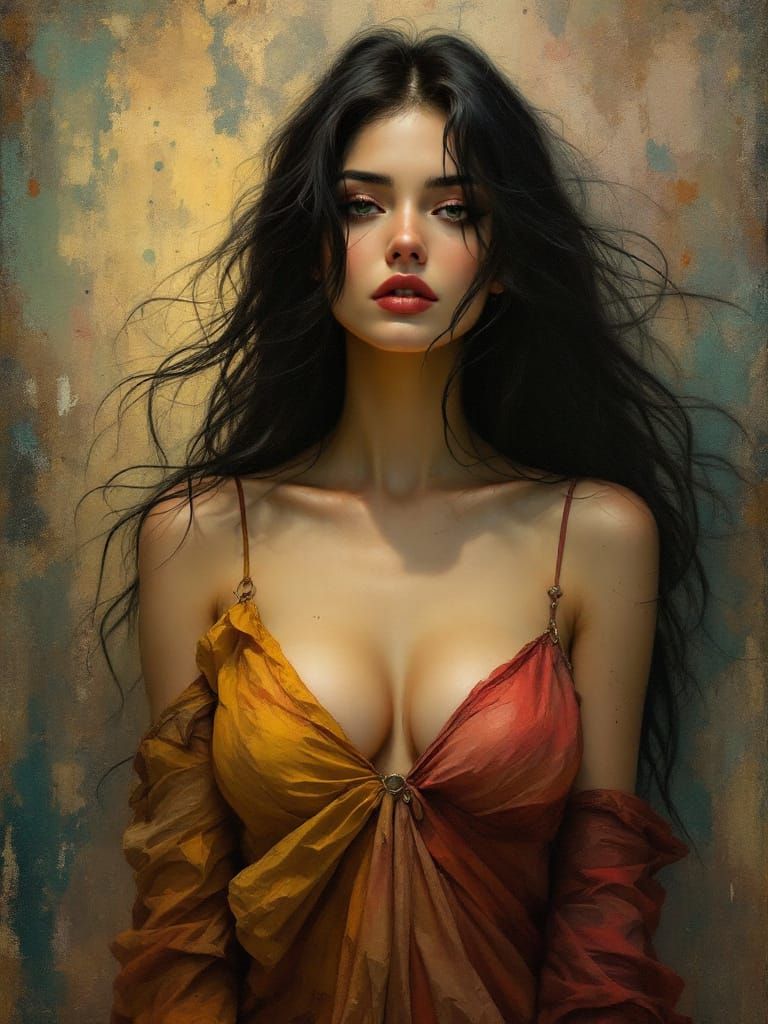 Pin-Up Woman With Long Black Hair in Tonalist Oil Painting S...