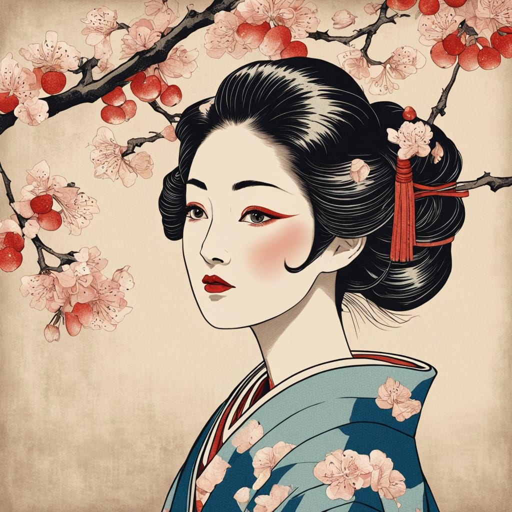 Ukiyo-e Woman in Kimono with Cherry Blossoms