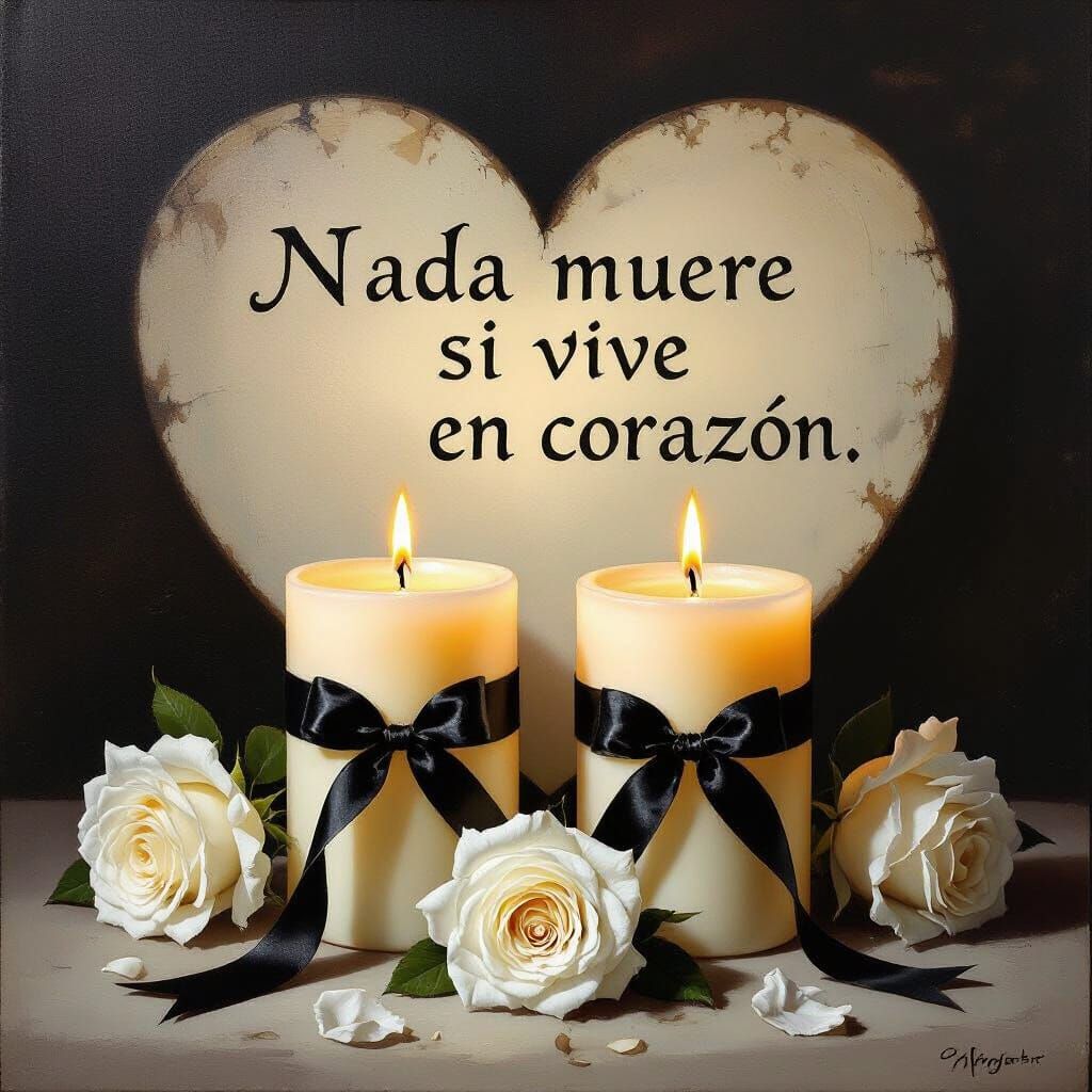 Lit Candles with Black Ribbons and White Roses