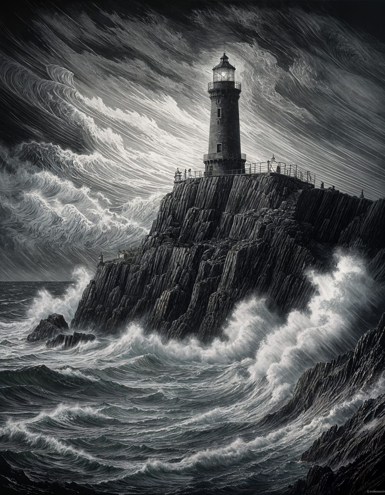 Eerie Lighthouse on Stormy Coast in Etching Style