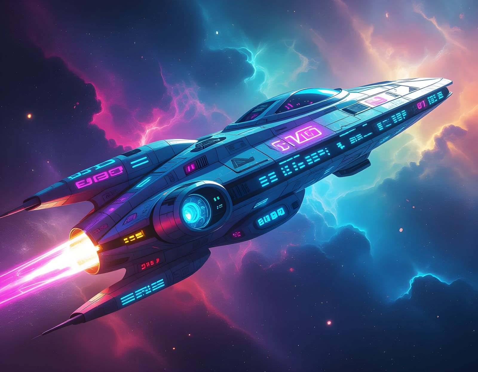 Bioluminescent Spaceship Navigates Cosmic Nebula in Graffiti...