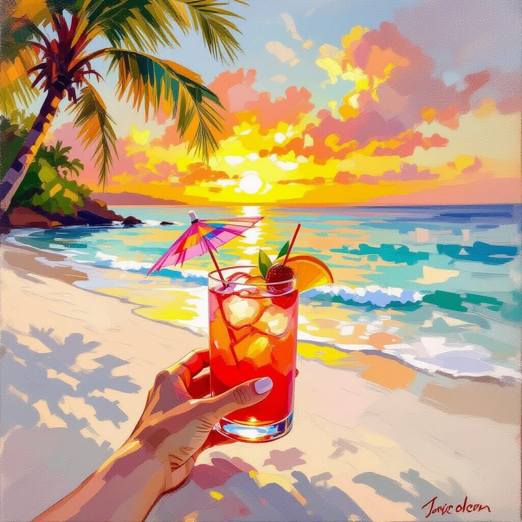 Tropical Beach Sunset Drink in Impressionistic Style