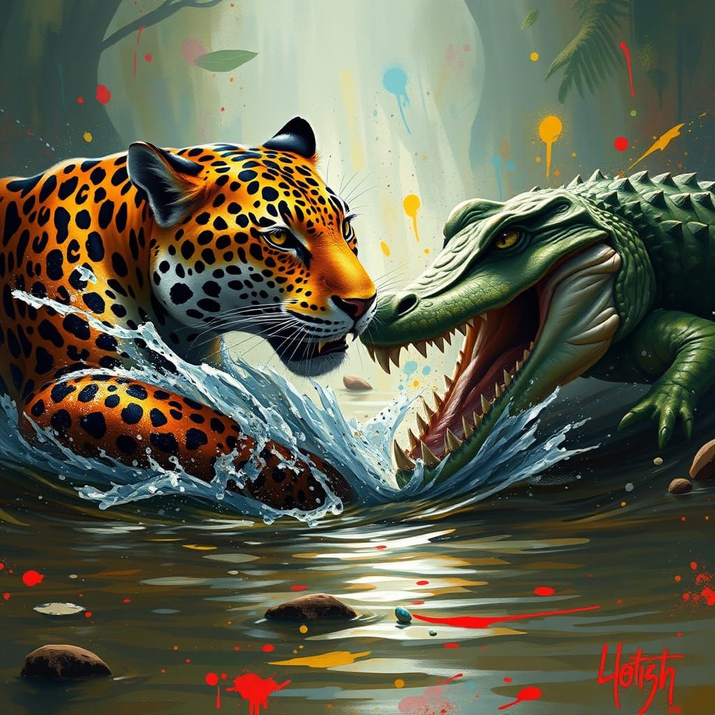 Surreal Jaguar vs Crocodile Battle in a Vibrant Pond