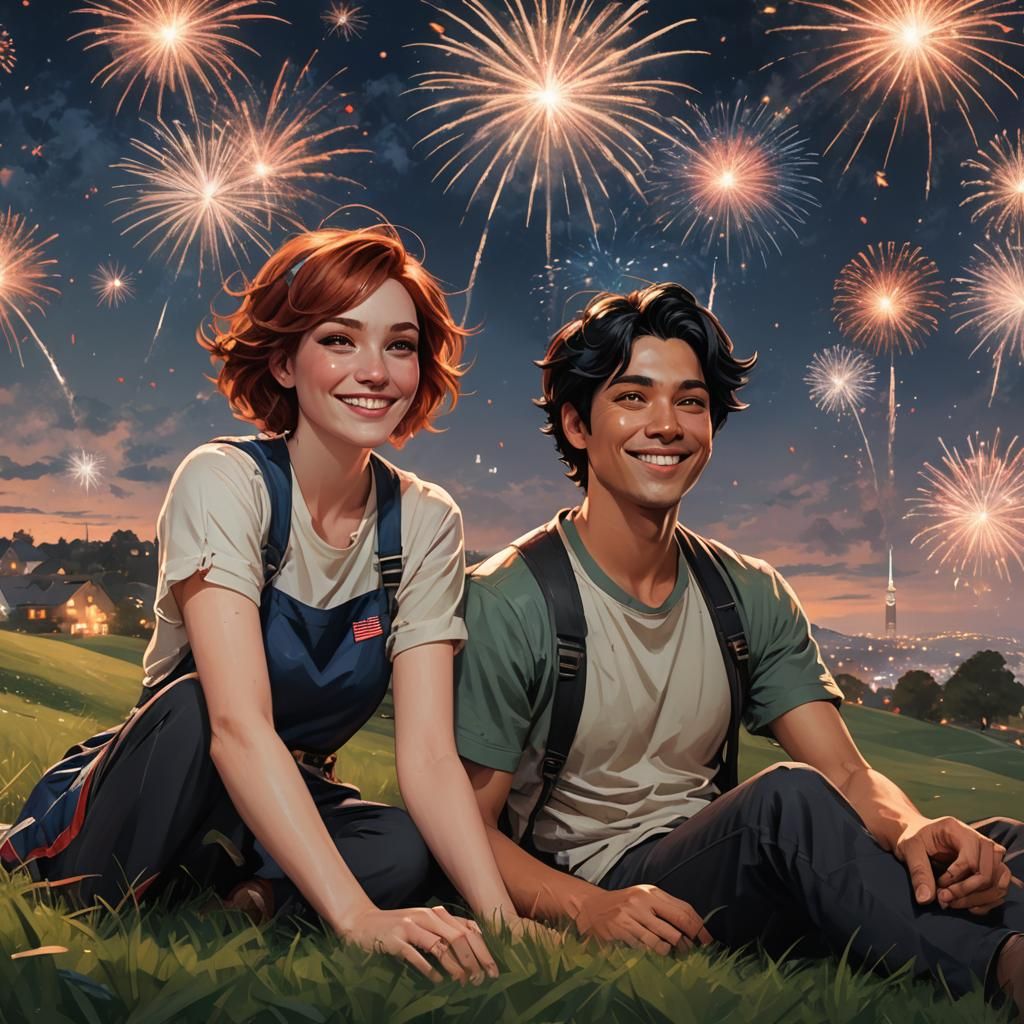 Couple Watching Fireworks, Detailed Digital Art