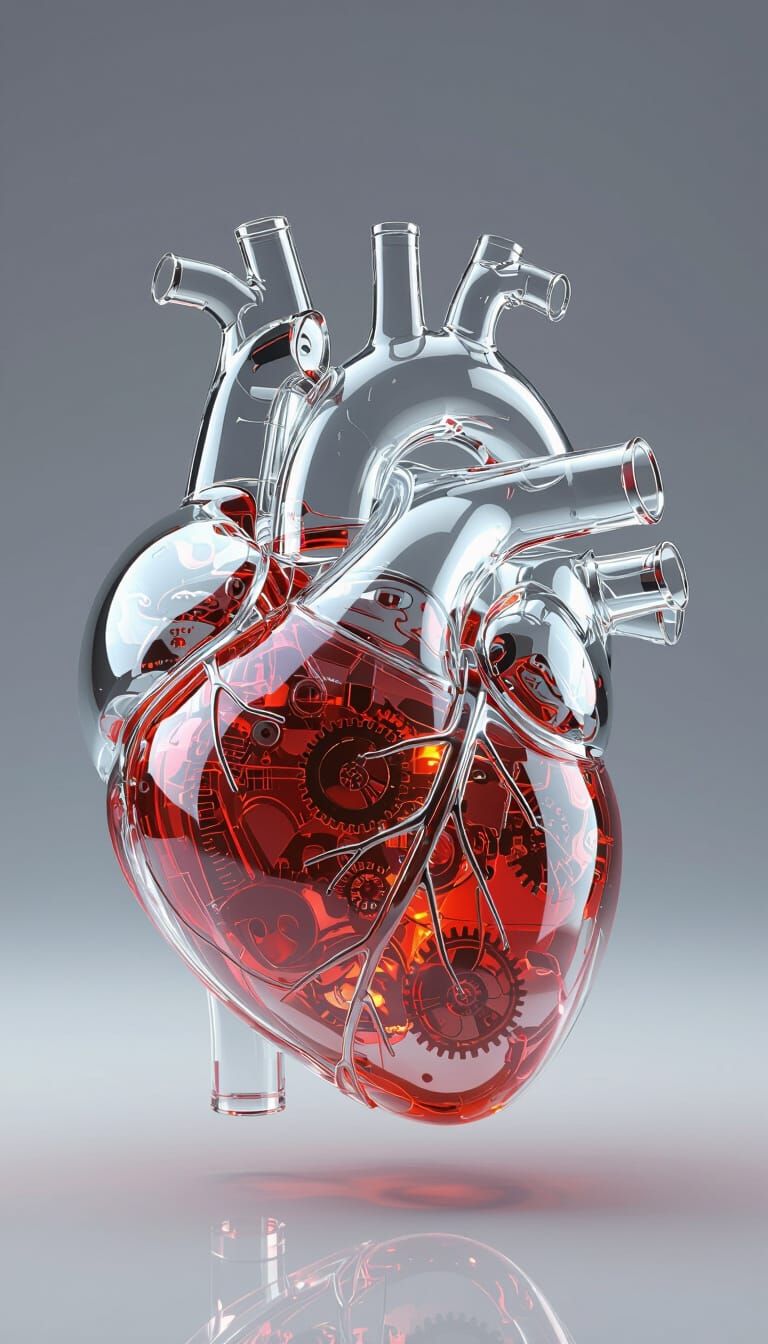 Biomechanical Glass Heart in Hyperrealistic Style