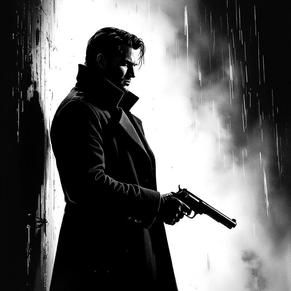 Mysterious Figure with Gun in Gritty Film Noir Style