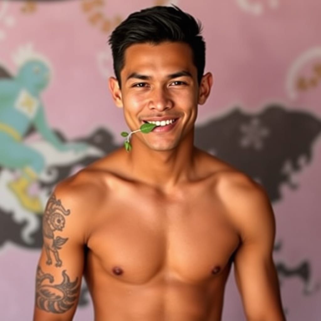 Young Man with Tattoo Sleeve and Mint Leaves