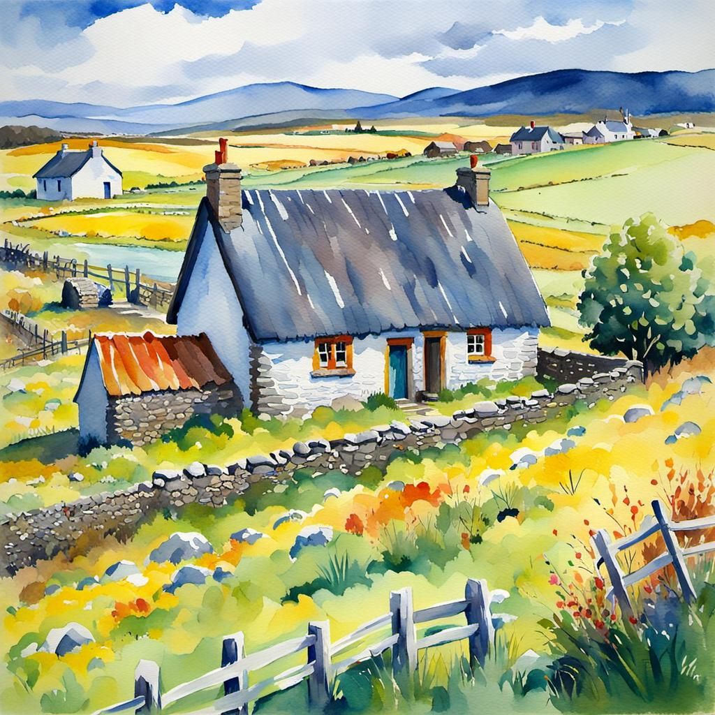 Scottish Croft in Gouache Style Watercolour