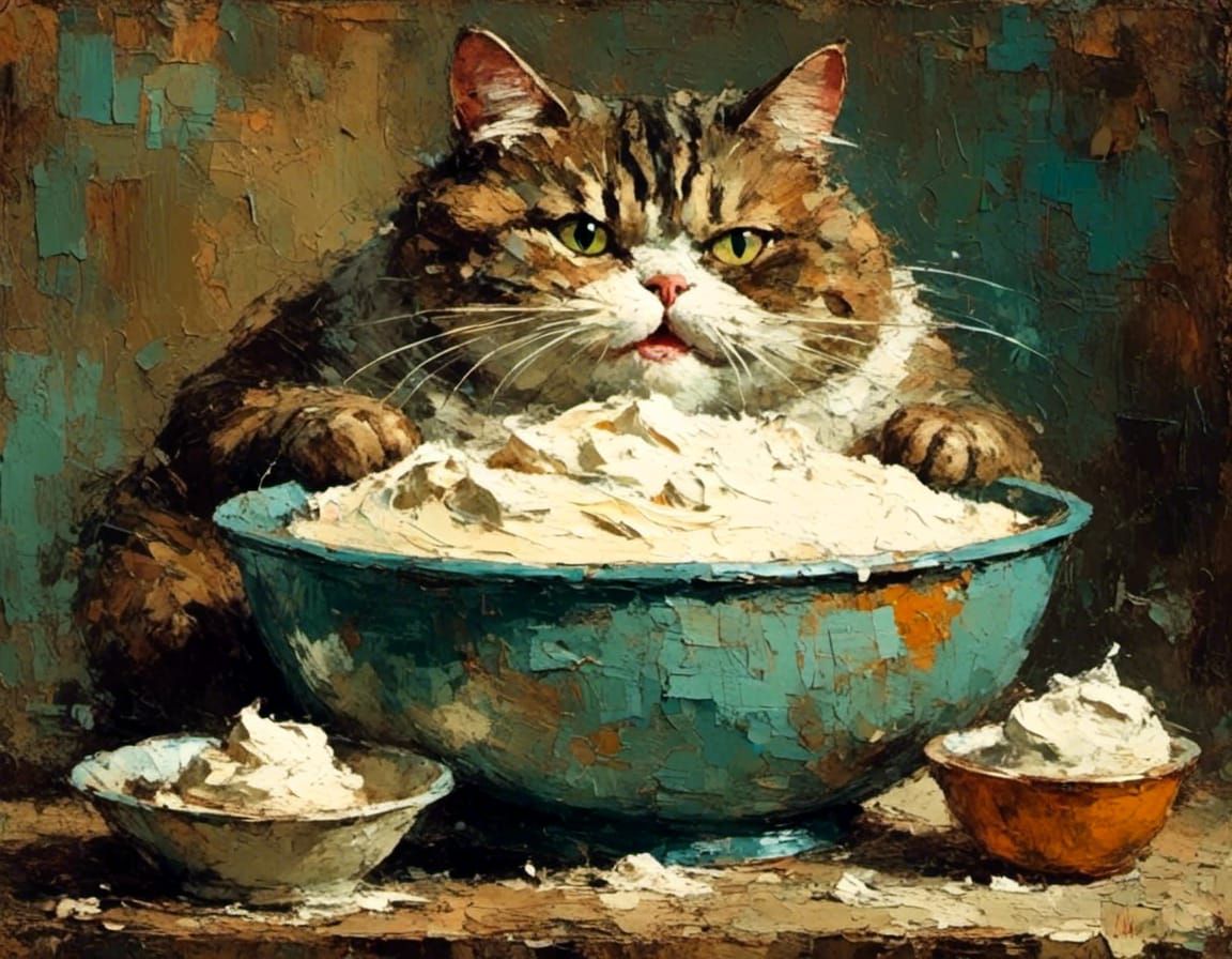 very fat happy cat, with a big bowl of cream