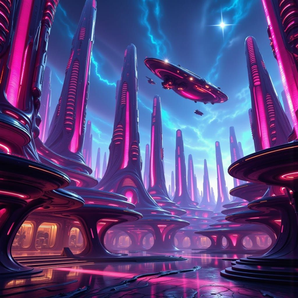 Futuristic Alien Obsidian Buildings in Vibrant 3D Style
