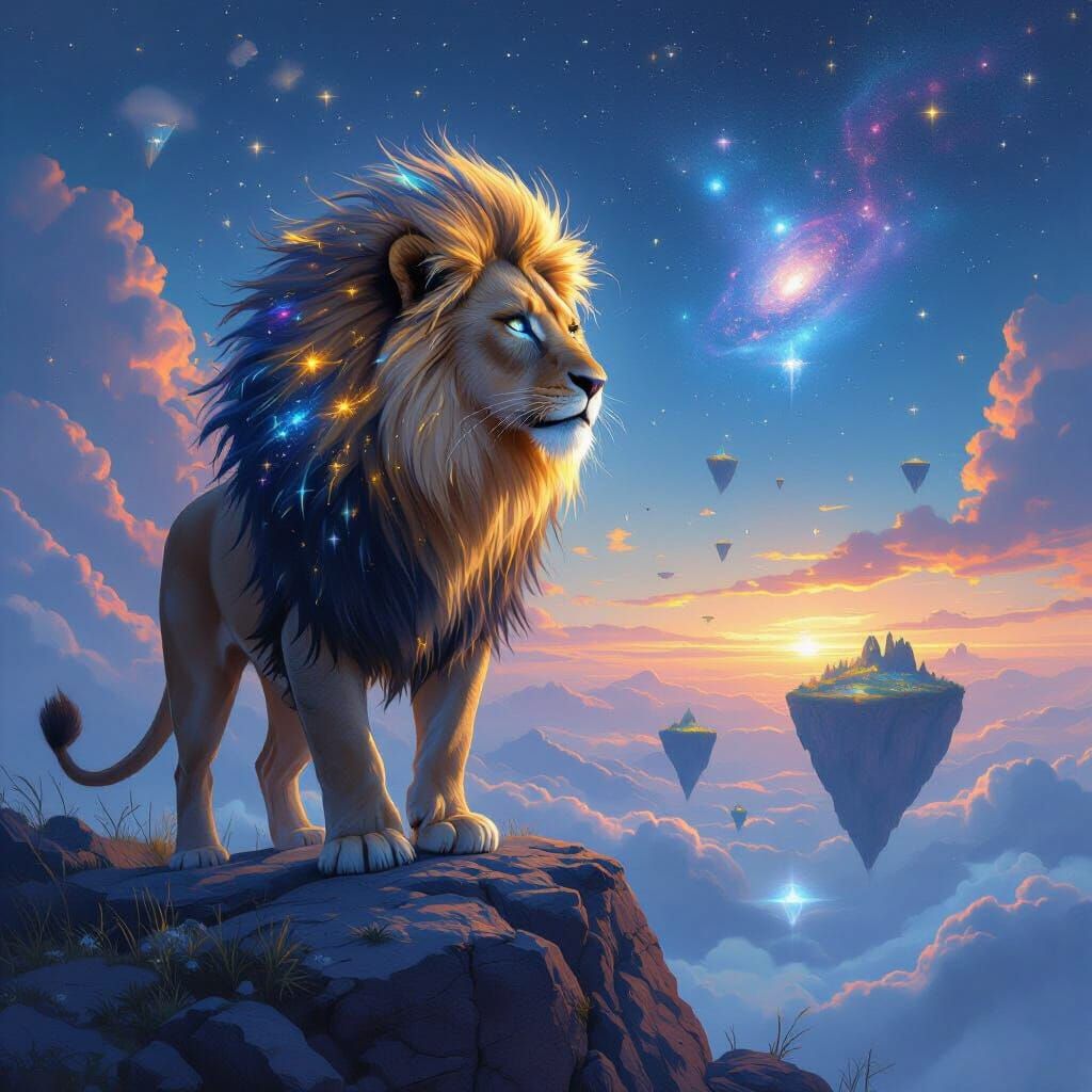 Lioness with Cosmic Mane Overlooking Dreamlike Landscape