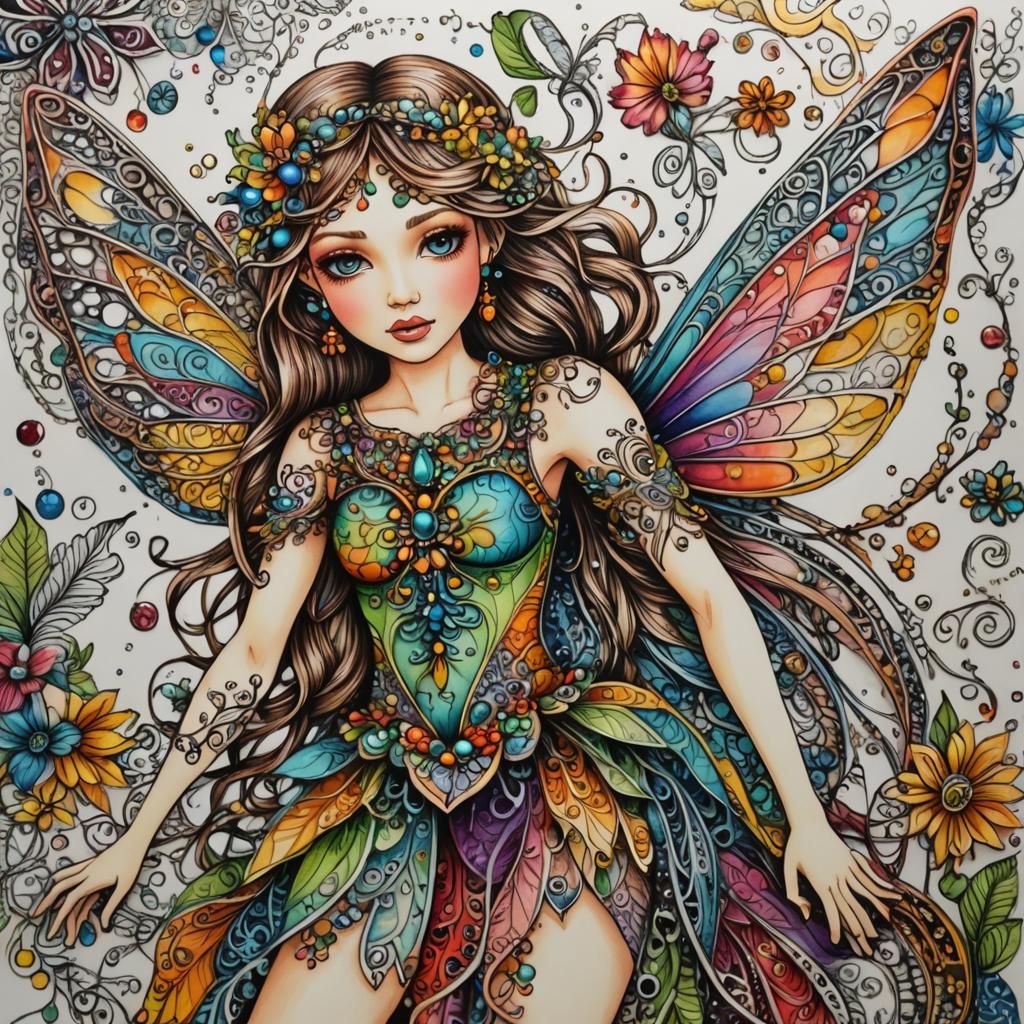 Colorful Zentangle Fairy with Gems