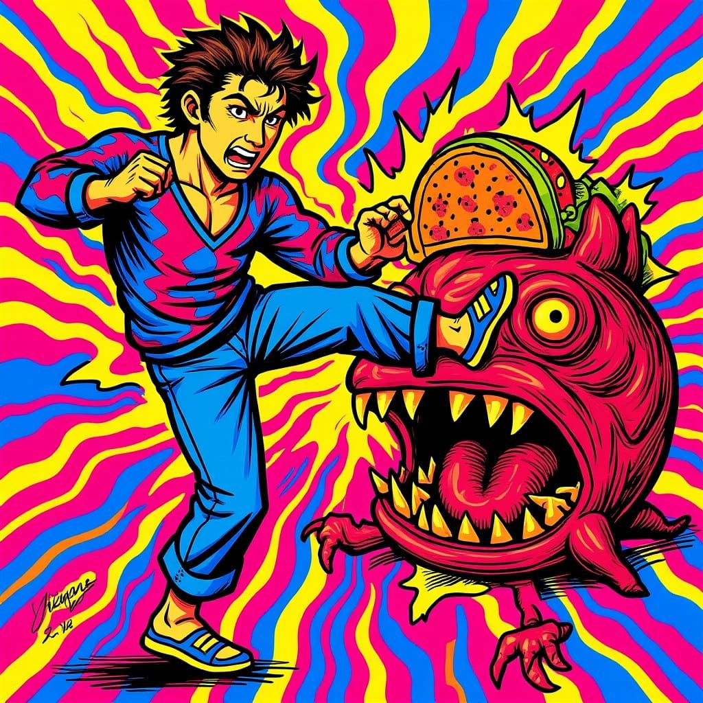 Capoeira Hero Battles Taco Monster in Comic Style