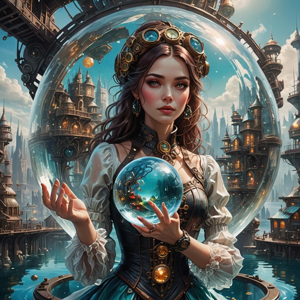 Steampunk Woman in Underwater City, Crystal Orb