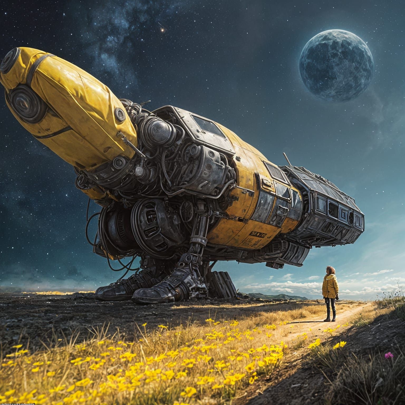 Girl, Robot, and Flower in Junkyard: Digital Art