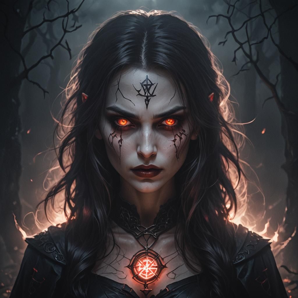 Vampire Girl with Glowing Runes in Shadows