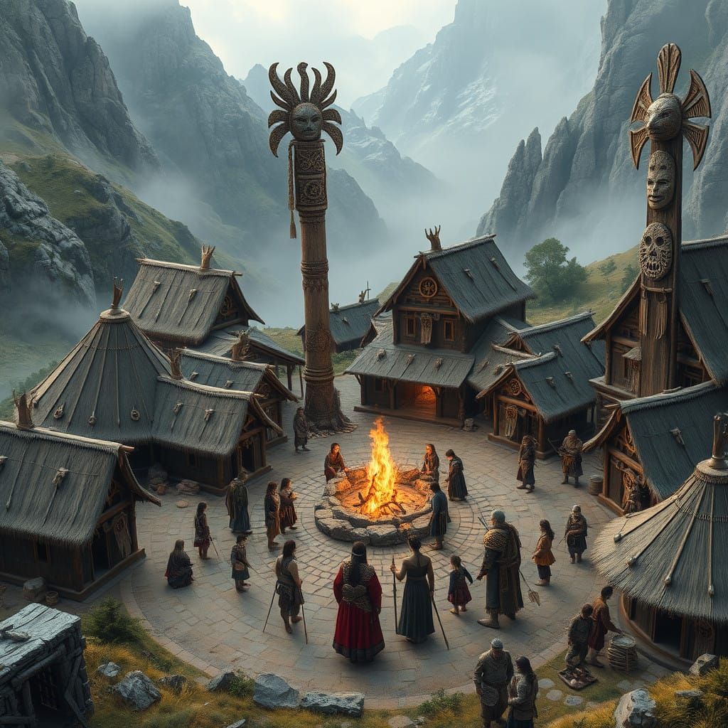 Wind-Sung Clan Settlement Amidst Majestic Peaks in a Misty V...