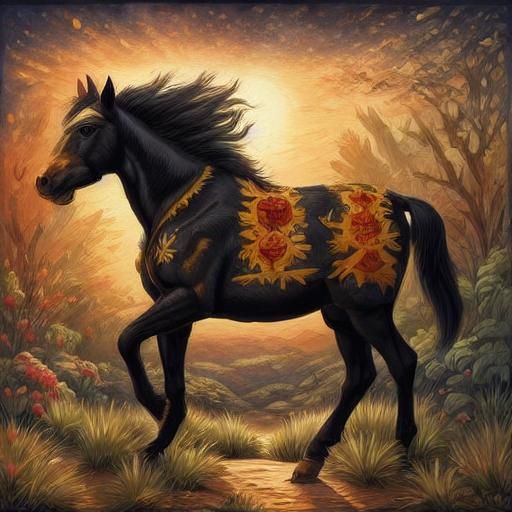 Dreaming Wild Horse in Folk Art Style
