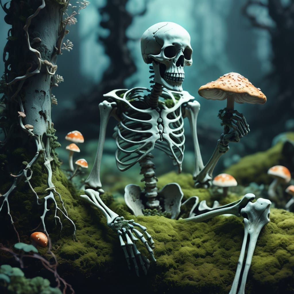 Skeleton Reclaimed by Nature in Ethereal Fantasy Art