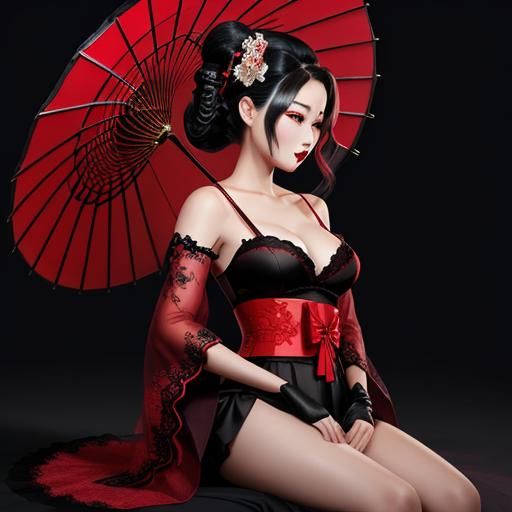Geisha in Red and Black Satin Lingerie