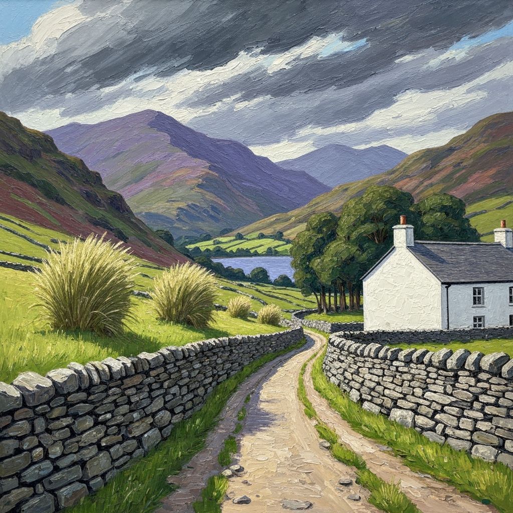 Impressionistic Lake District Valley with Winding Road and F...