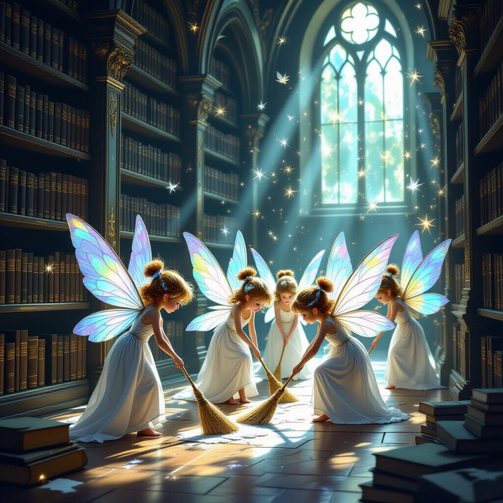 Tiny Fairies Magically Cleansing an Ancient Library