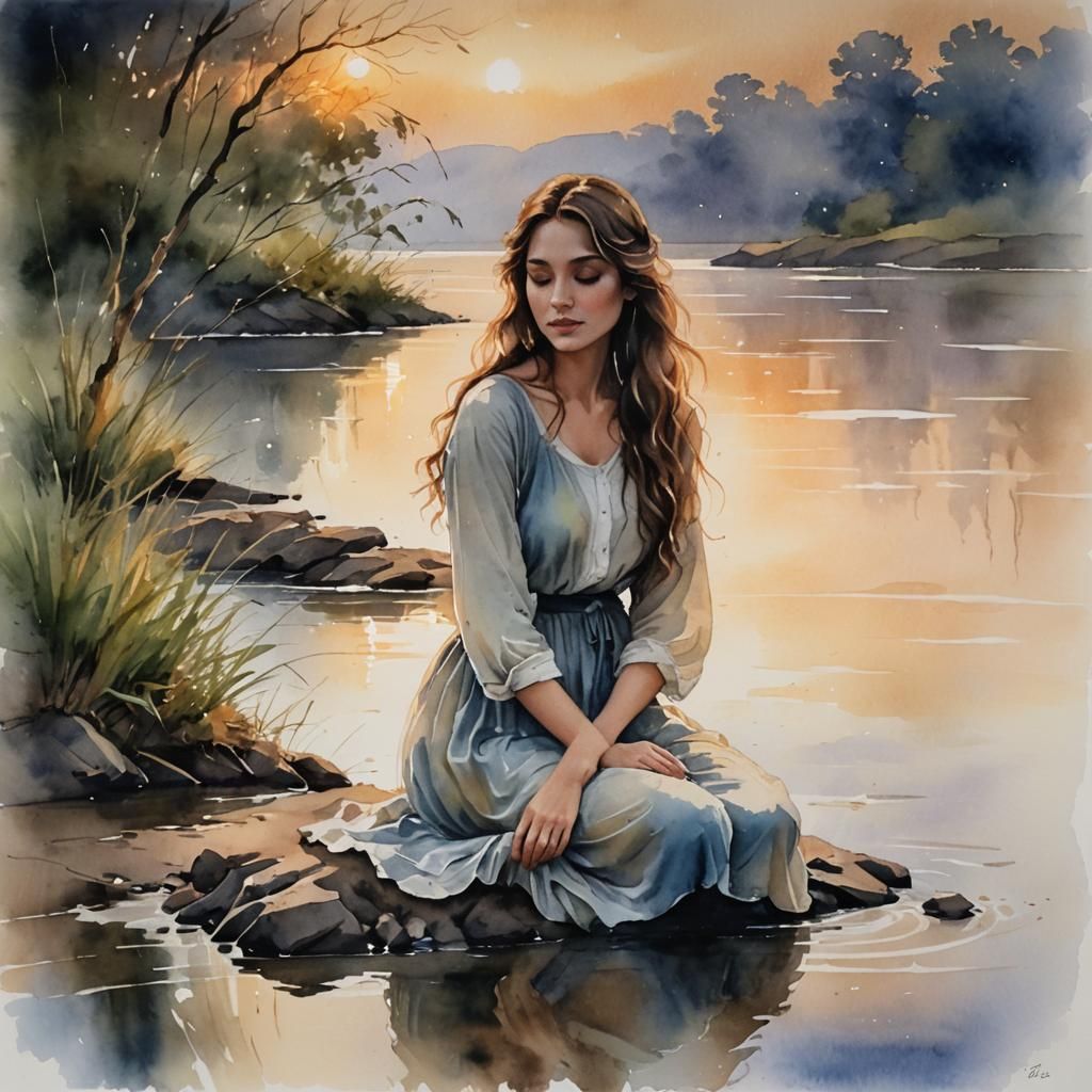 Ethereal Woman by River in Wet-on-Wet Watercolor