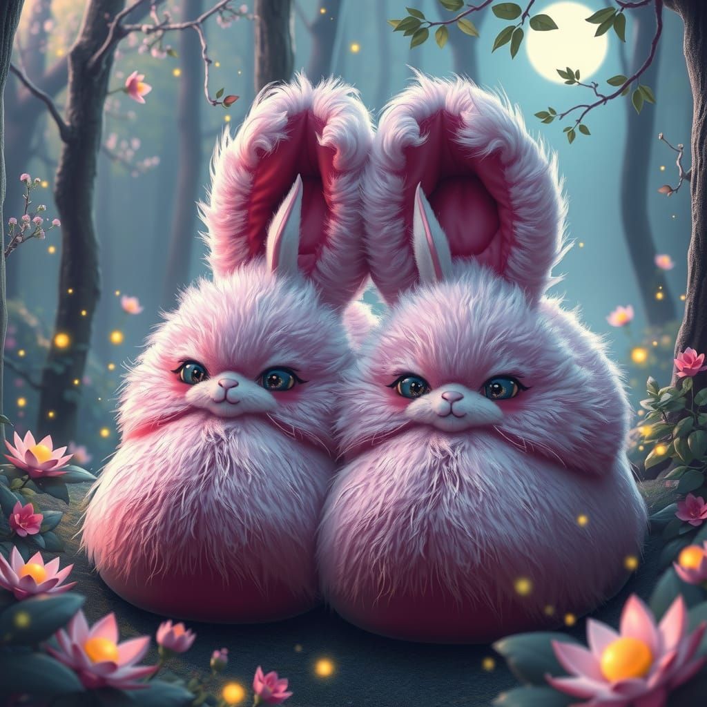 Fantasy Pink Bunny Slippers in Moonlit Forest