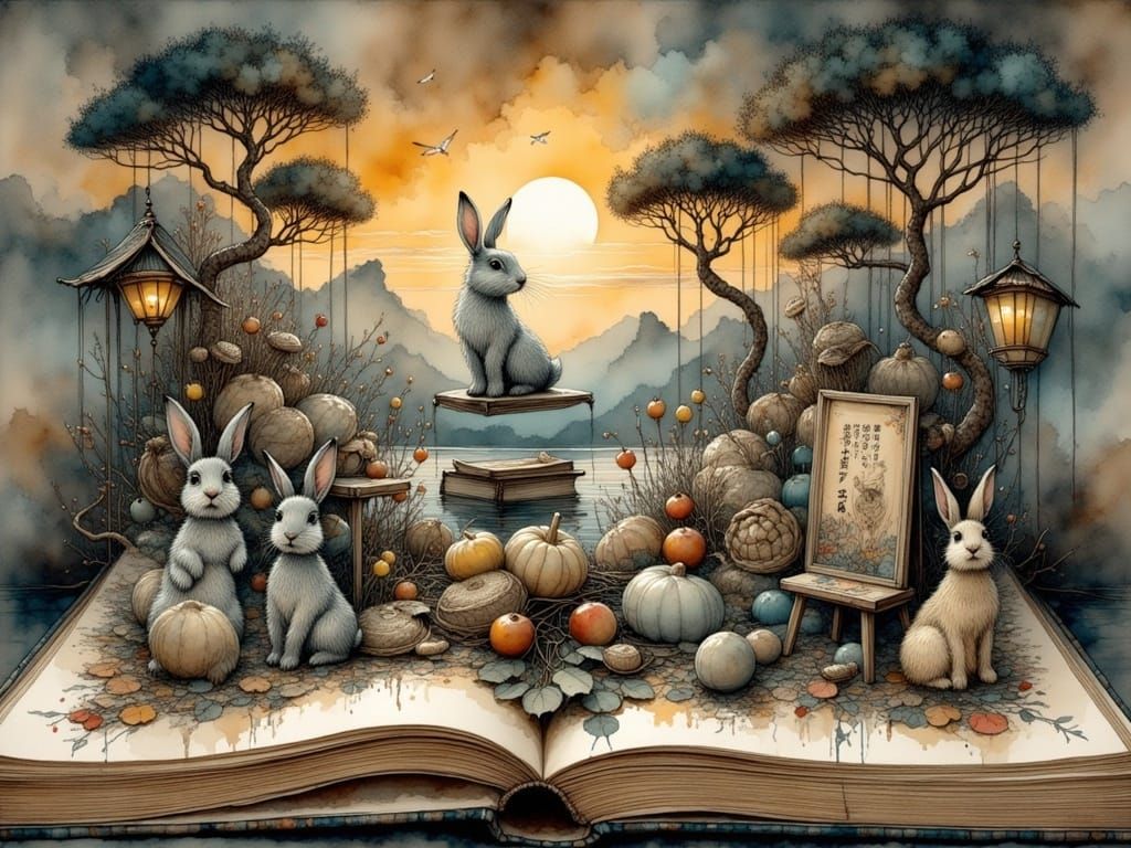 Chinese Rabbit Pop-Up Book in Ancient Scroll Style