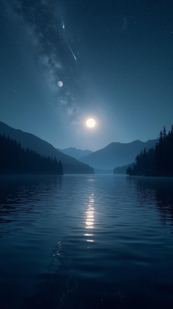 Starlit Lake Reflecting Planets in a Sci-Fi Landscape