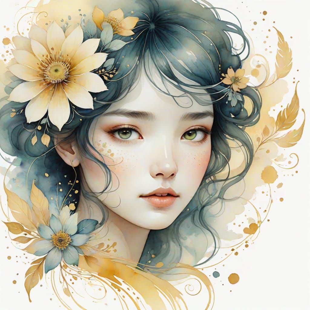 Whimsical Floral Portrait in Watercolor and Ink