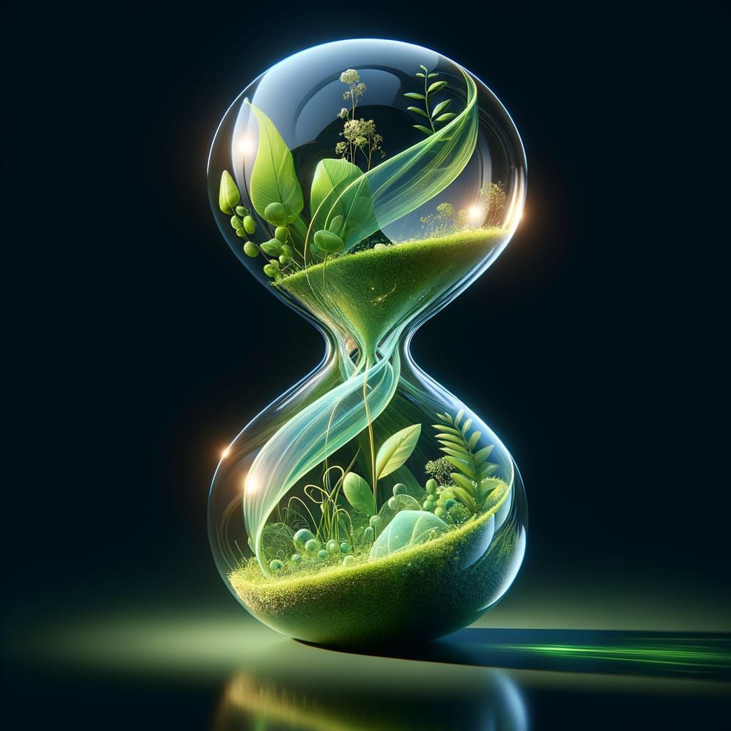 Surreal Hourglass Sculpture With Greenery and Glowing Light