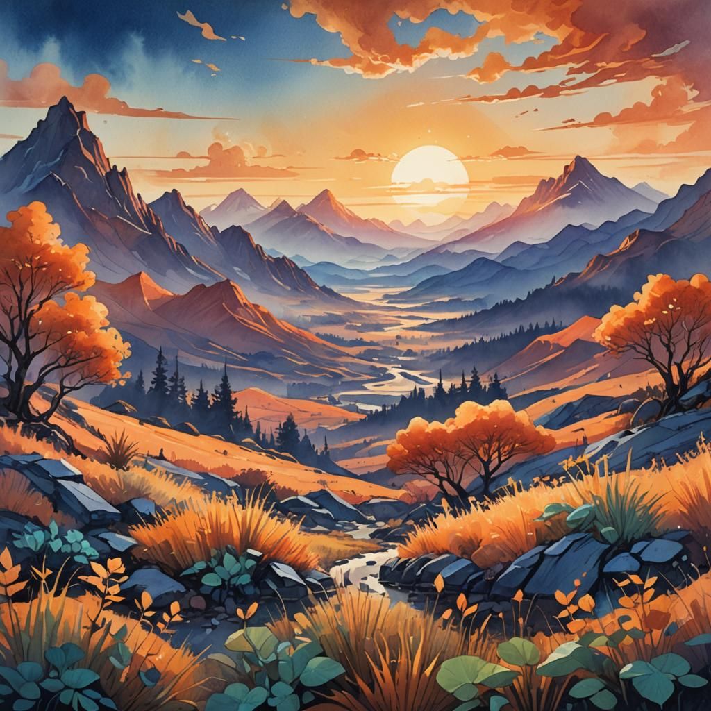 Watercolor Sunset with Glowing Plants, Fantasy Concept Art