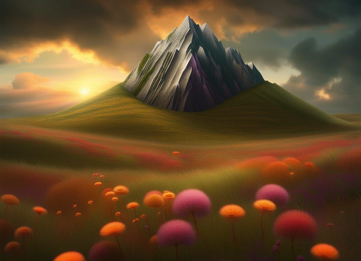 Craggy Mountain Surrounded by Flowers, Airbrushed Art
