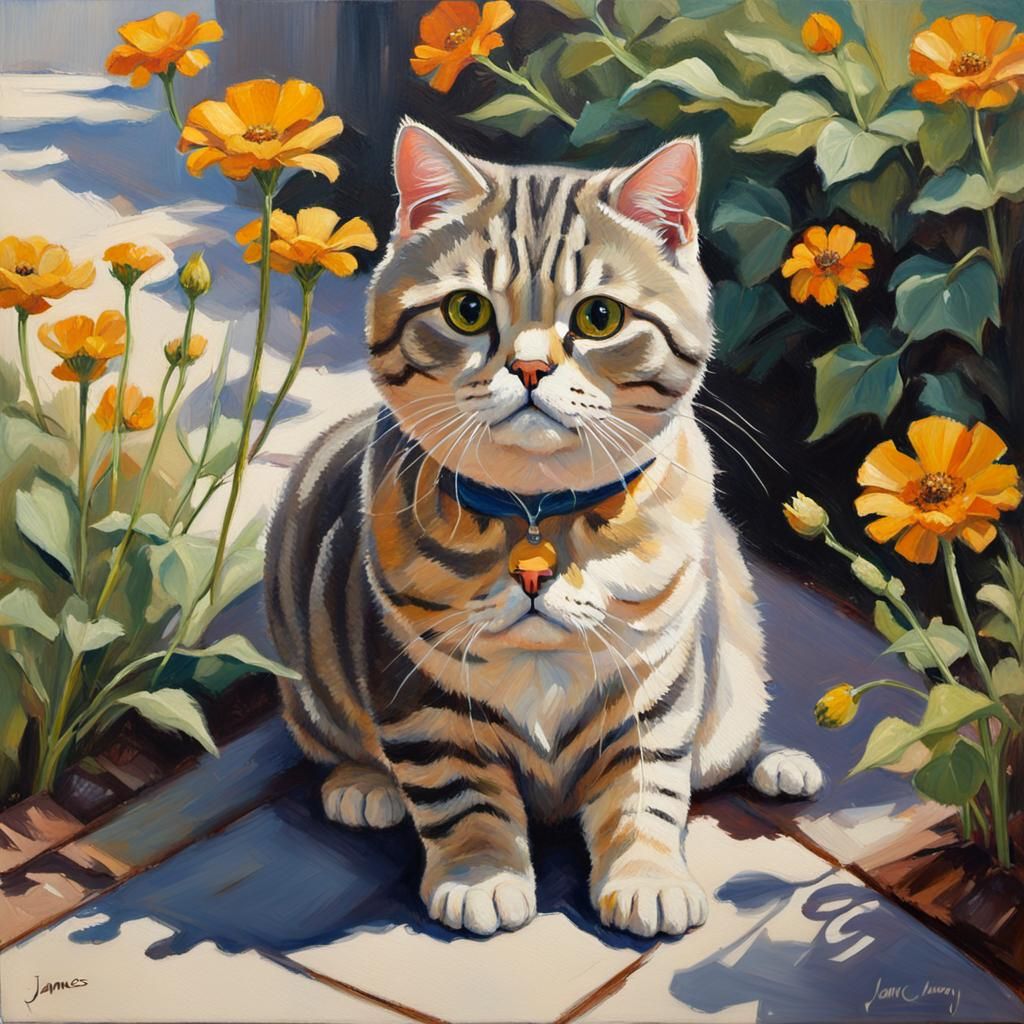 Tabby Scottish Fold Cat in Sunlight: Oil Painting