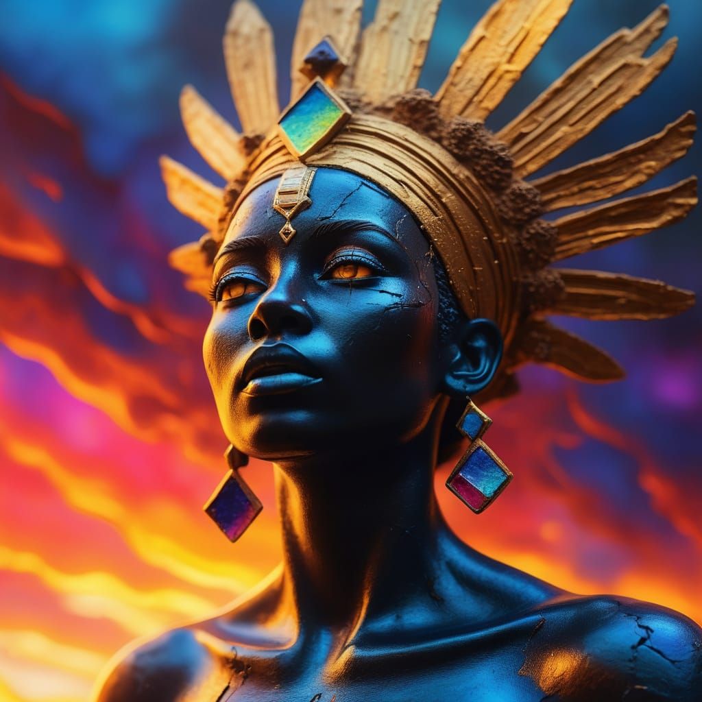 Awakening Goddess Statue in Surreal Oil Painting