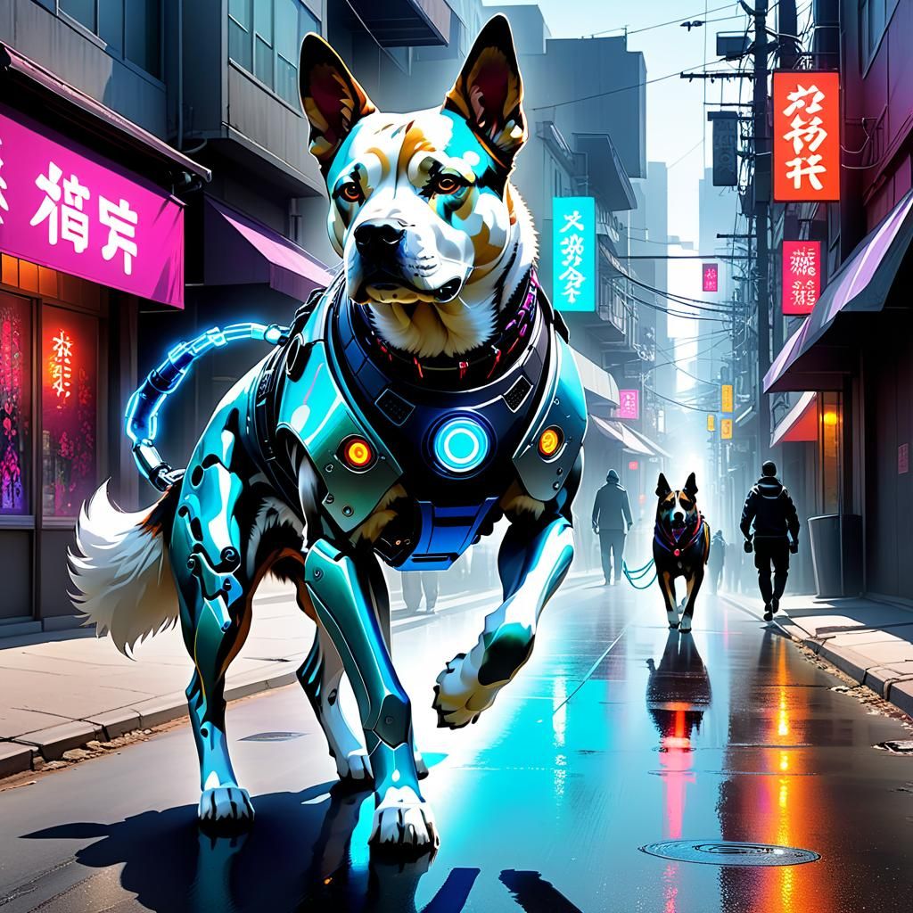 Cyborg Dog Downtown in Dark Fantasy Style