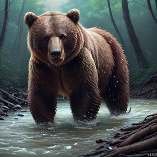 Majestic Brown Bear in Forest Clearing: Hyperrealistic Splas...