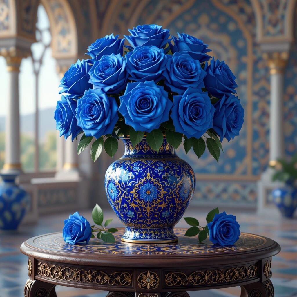 Deep Blue Roses in Byzantine Mosaic Vase