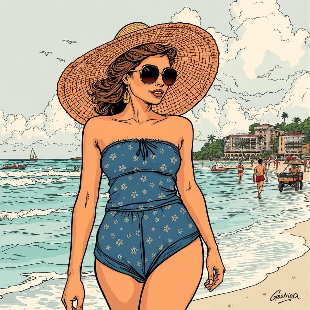 Lady Strolls Beachside in Santo Domingo, in Vintage Comic St...