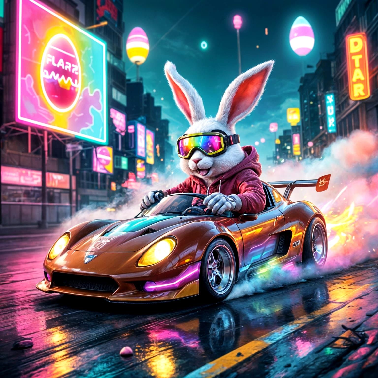 Cyberpunk Easter Bunny Drifts Through Neon City