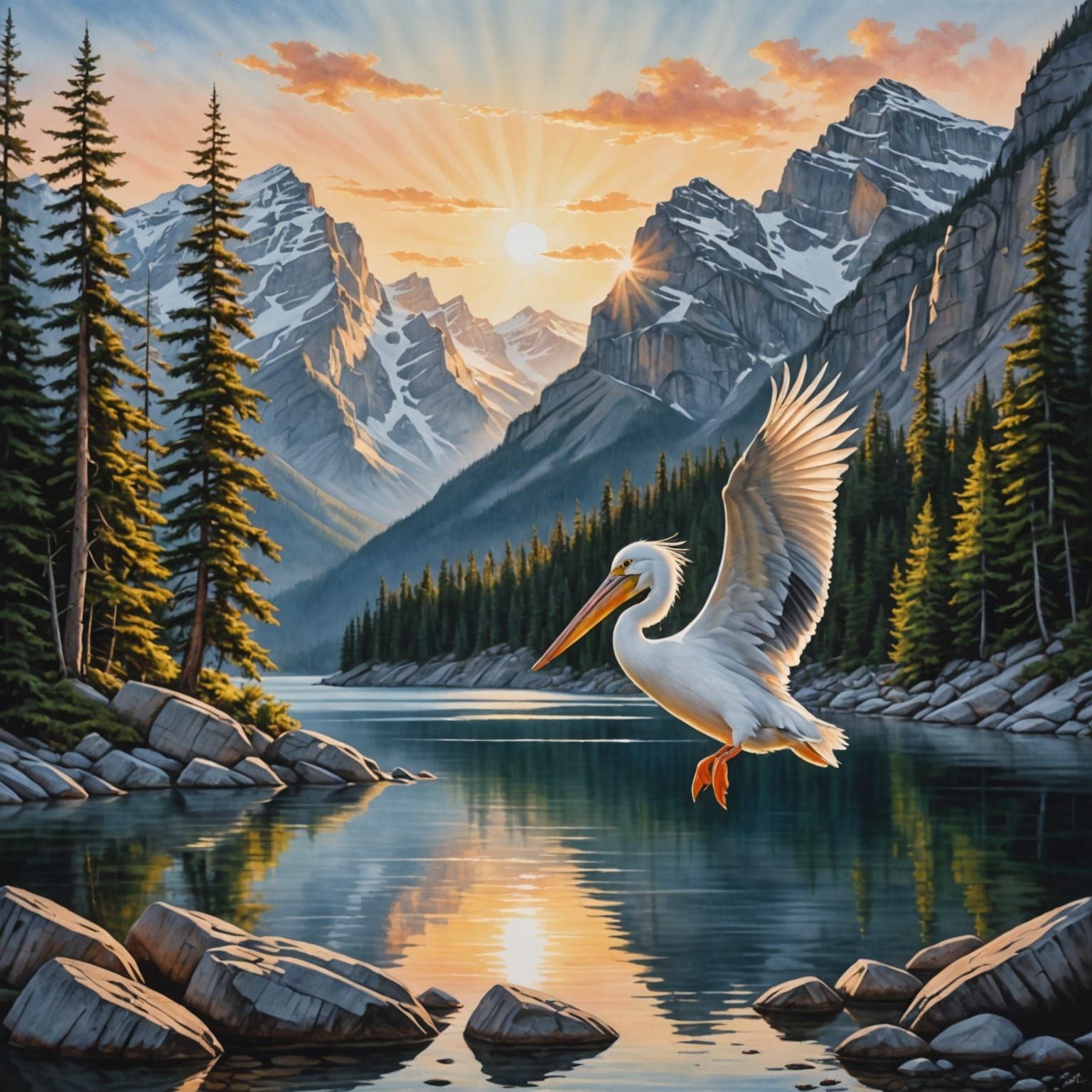 Pelican Basks in Sunrise Glory amidst Banff Mountains