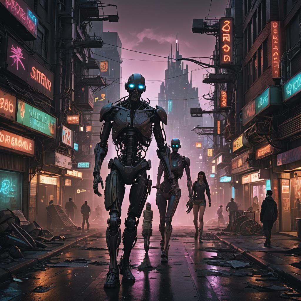 Dystopian Cyberpunk Future: Organic and Mechanical Fusion