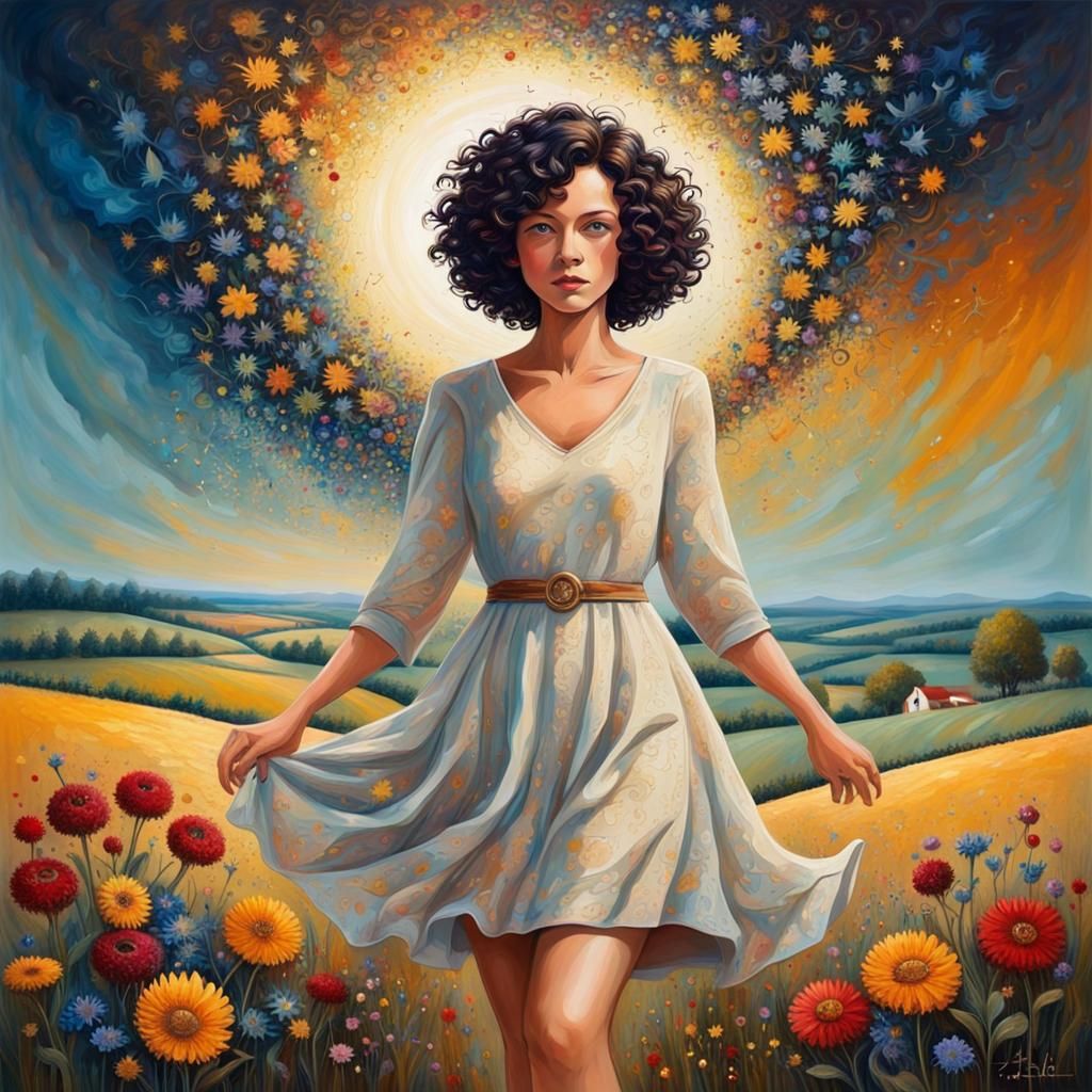 Woman with Keys in Starry Flower Field